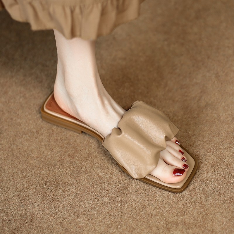 Original soft ~ tidal stepping shit feeling wrinkled square toe open-toed sandals and slippers for women to wear one-word slippers in summer_voghion.com