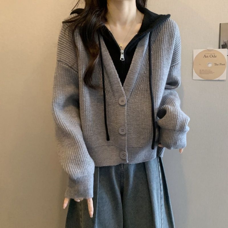 大码假两件短款连帽毛衣外套女秋冬胖mm显瘦遮肚子针织衫开衫上衣|undefined