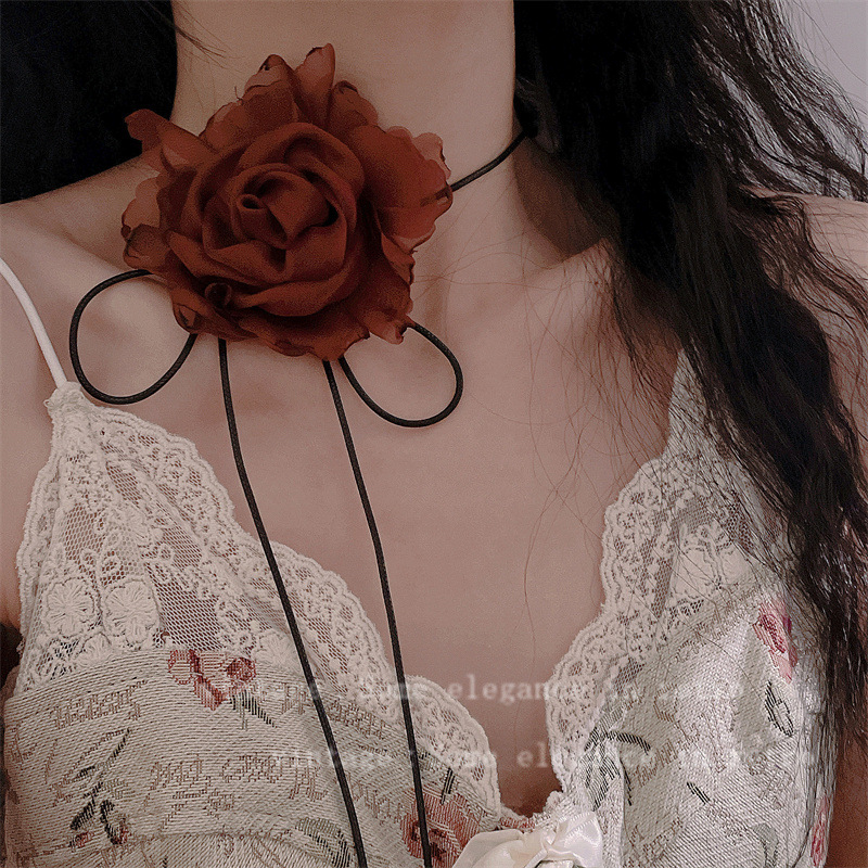 New Ambient wine red Flower Necklace Dinner Accessories Pure Desire Brooch Hairpin Lace Choker Neck Chain