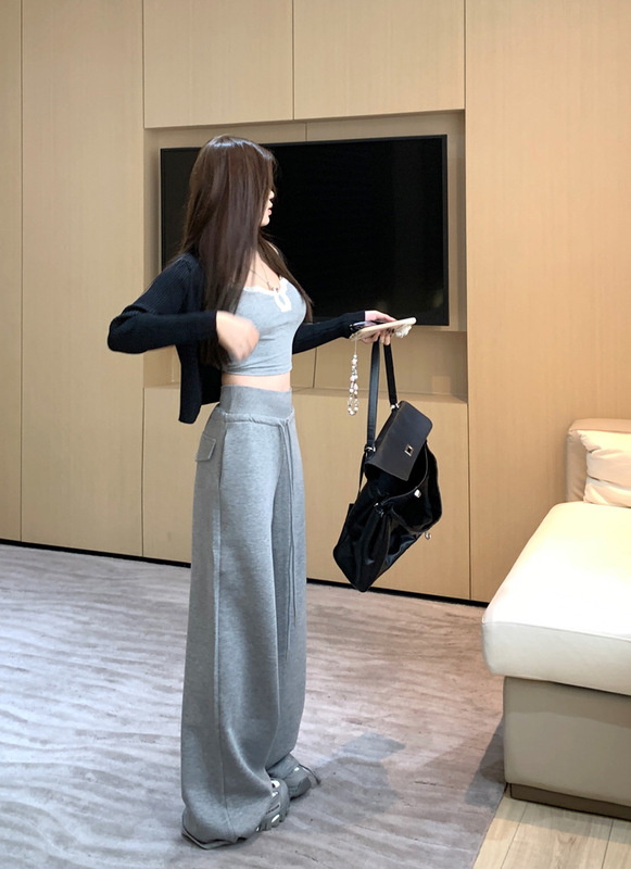 慵懒风灰色休闲裤早秋卫裤女高腰直筒裤阔腿裤长裤垂感拖地裤女|undefined