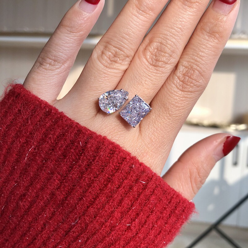 Cross-border live broadcast S925 sterling silver ring female Kardashian same water drop-shaped 8A Ice Flower zirconium high carbon diamond open ring