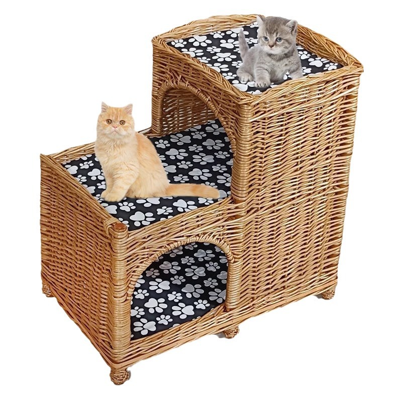 Casa de verano universal de cuatro estaciones de ratana trapezoidal tejida felina de cachorro tejida de sauce de doble capa desmontable y lavable para mascotas