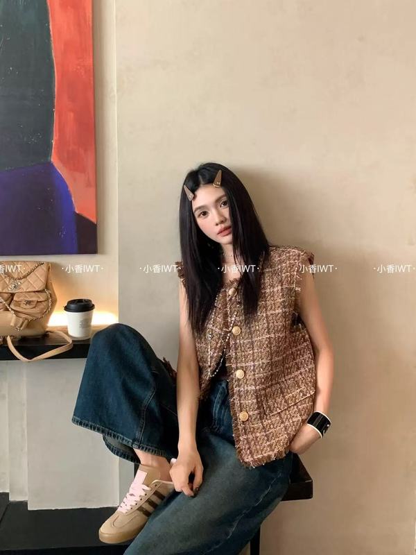 毛须边圆领小香风羊毛马夹女欧货2025秋季新款显瘦单排扣马甲外套|undefined