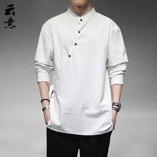 Spring Chinese Style Cotton Linen Modified Hanfu Men's Long-sleeved Shirt with Vertical Collar and Tilt Chinese Style Tang Suit Retro Justishwear Trendy