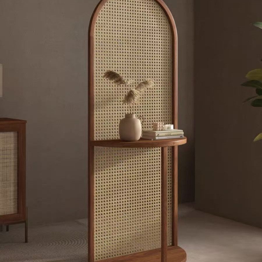 Japanese-Style Rattan Screen Partition for Living Room, Entrance, Bedroom, Solid Wood Storage Rack, Movable Minimalist Screen for Guesthouse