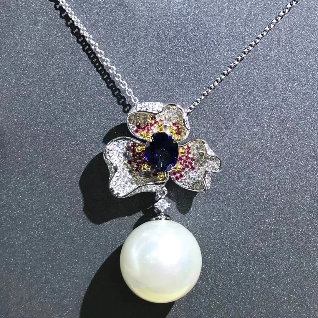 18mm Pei Zhu Macao colgante de zafiro de perla blanca S925 plateado con cinco capas gruesas de platino incrustadas con perlas