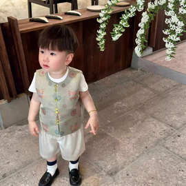 男童新中式马甲套装2025秋季新款新中式唐装国风刺绣坎肩马甲套装