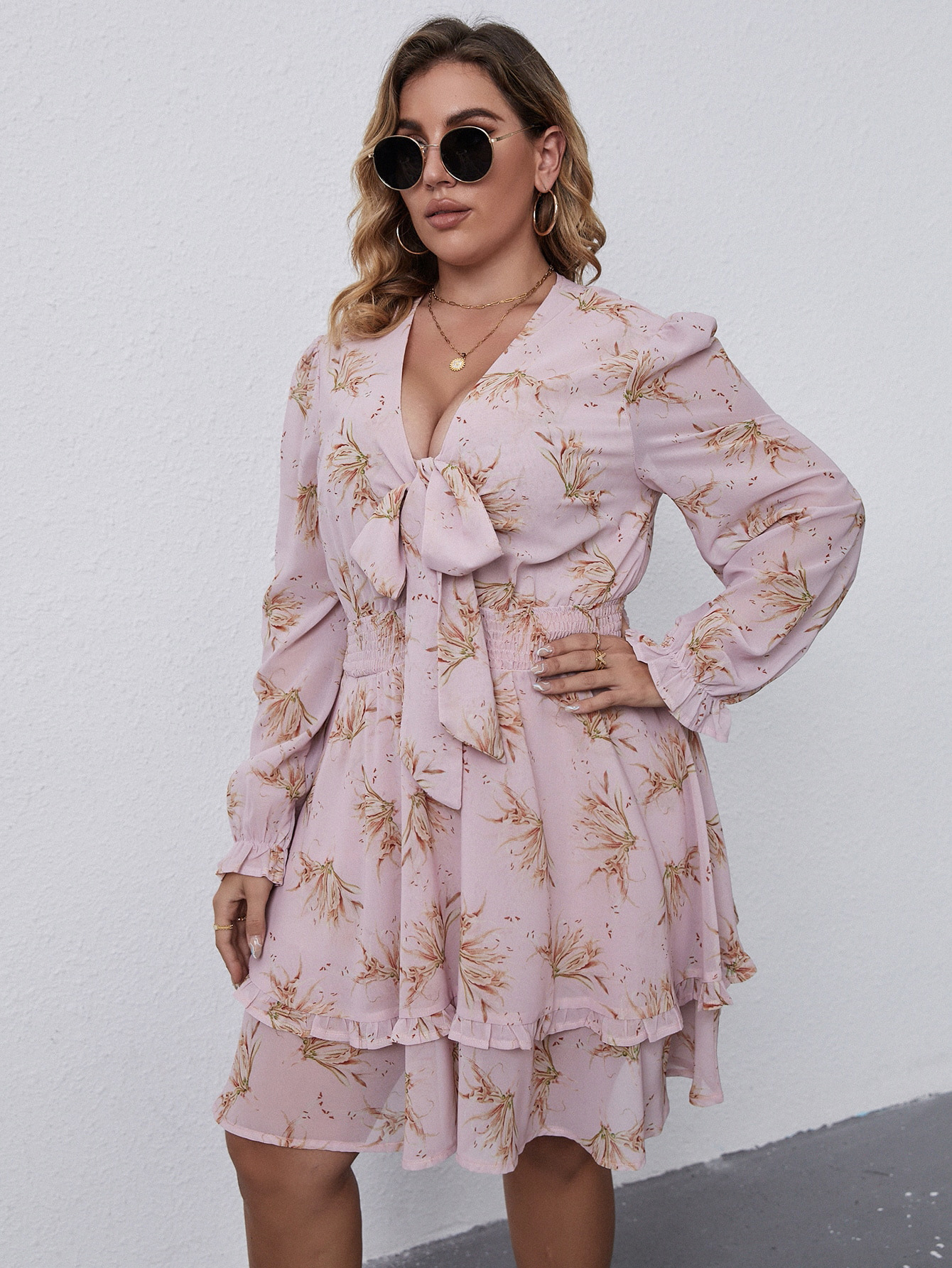 plus size printing long-sleeved V-neck lace ruffled dress NSJKW121141