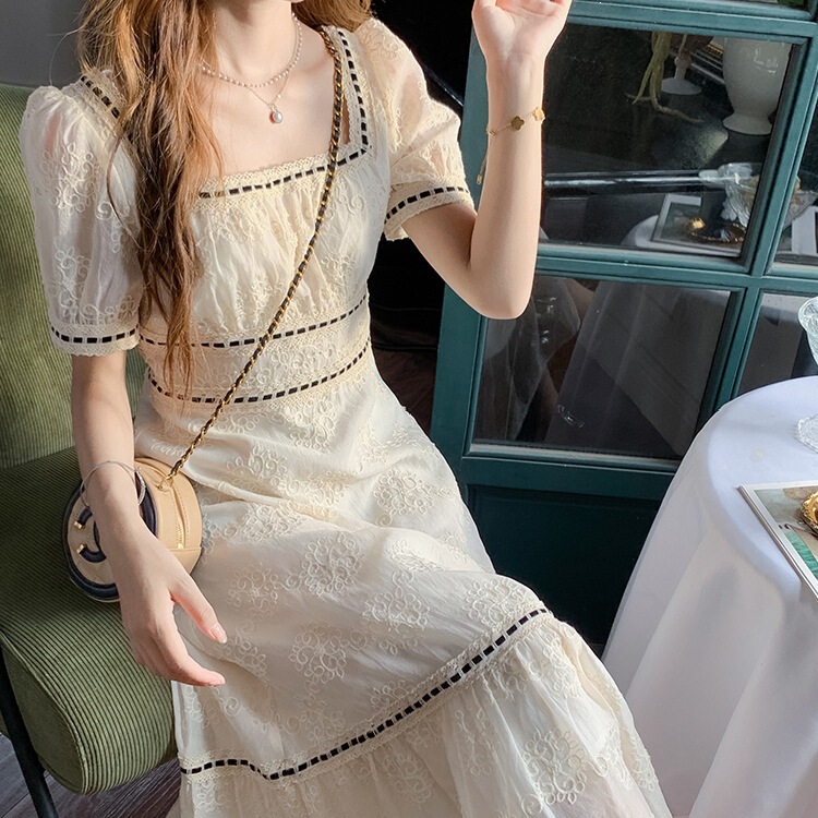 Plus-Size Square-Neck Gentle Style Dress for Women, Summer 2025 New Model, High-Waisted, Slimming, Puff Sleeve Dress Plus-Size Square-Neck Gentle Style Dress for Women, Summer 2025 New Model, High-Waisted, Slimming, Puff Sleeve Dress