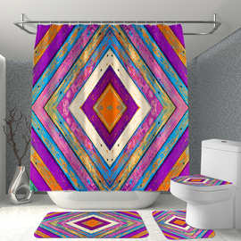 定制菱形仿做旧木板木纹防水浴室海绵地垫浴帘四件套印花个性装饰