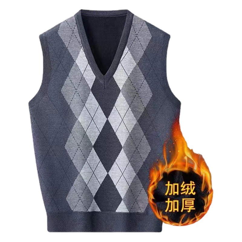 Entrega de una pieza de otoño e invierno de los hombres forrados de lana engrosada V-cuello rombo chaleco casual jacquard suéter Jersey chaleco