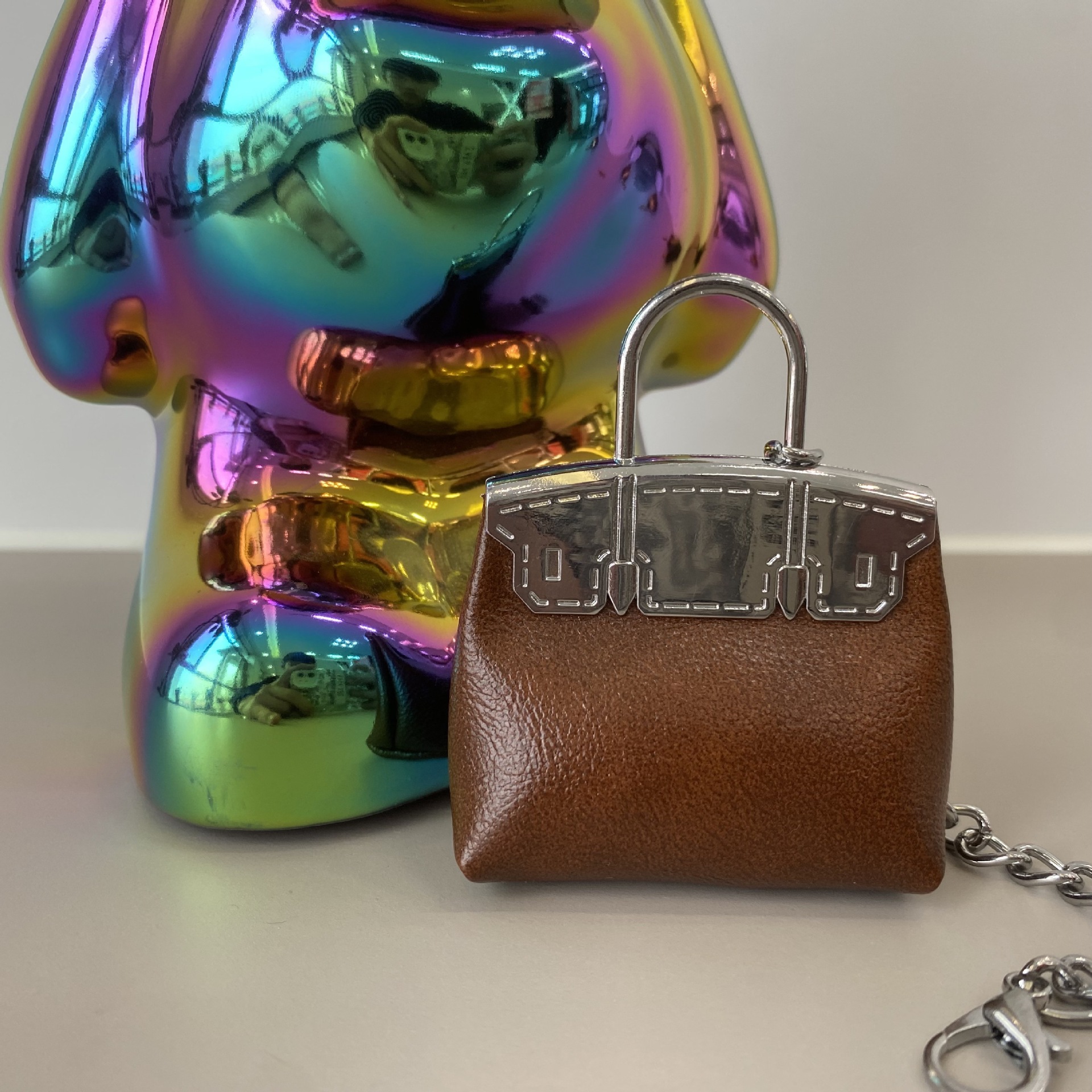 옐로우 브라운 오일 왁스 가죽 실버 체인