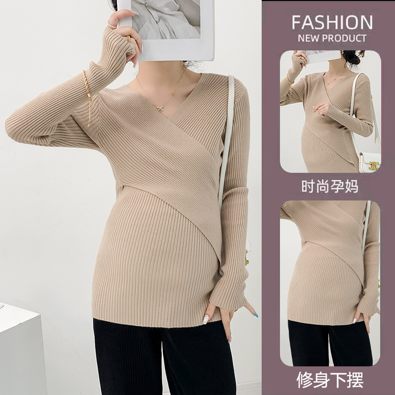 Maternity 2025 Spring and Autumn Cross-Over Breastfeeding Slim Fit Solid Color Sweater Simple Casual Base Layer Maternity Knitwear