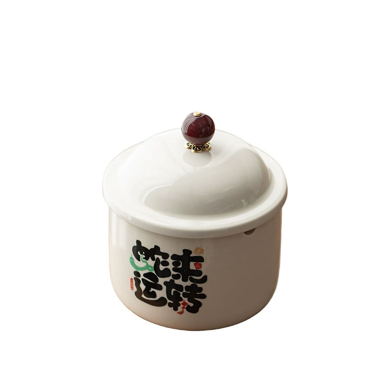 Ceramic lidded ashtray, anti‑ash desktop ashcan, engraved designs, compact 0.03 kg