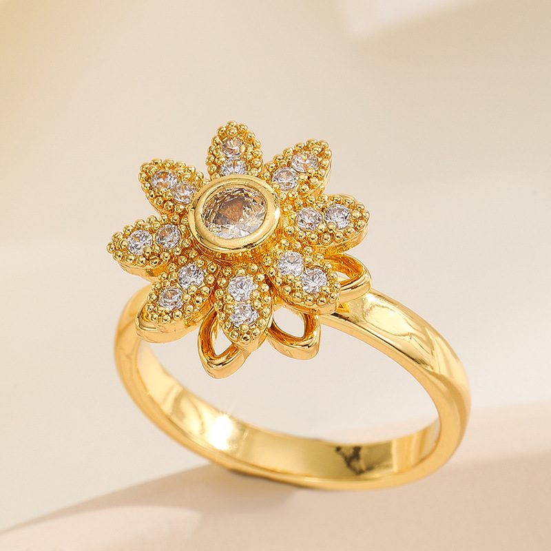 18K oro real color-preservar la suerte de la hierba estilo coreano transfronterizo diamante incrustado rotación de moda abierto anillo ajustable