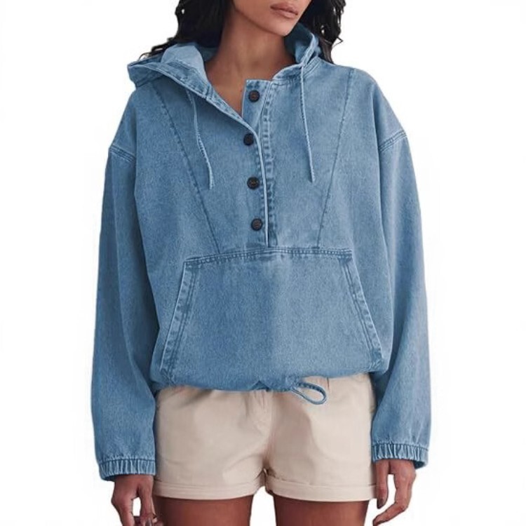 European and American Cross-Border 2025 Women's Fashion Denim Hooded Button-Up Pullover Jacket Denim Sweatshirt Top for Women European and American Cross-Border 2025 Women's Fashion Denim Hooded Button-Up Pullover Jacket Denim Sweatshirt Top for Women