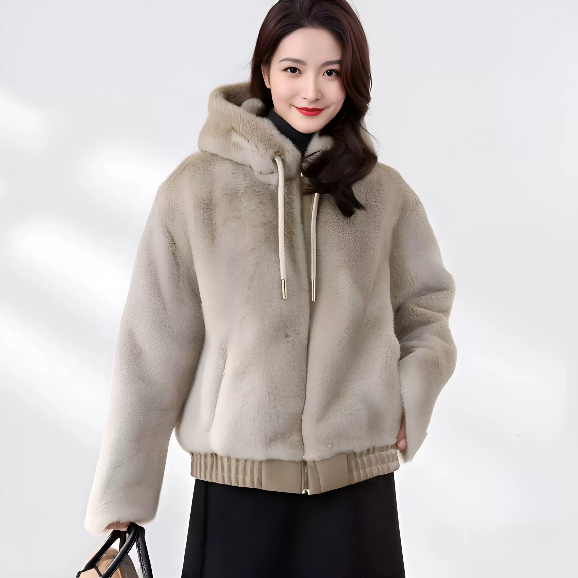 新款欧美风休闲毛绒外套连帽加厚仿皮草卫衣仿兔毛保暖女装