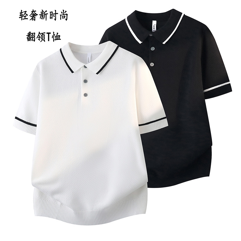 新款夏季轻熟风时尚针织男衫小香风短袖上衣修身休闲翻领恤潮
