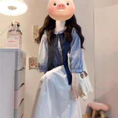 韩系复古学院风牛仔马甲女学生木耳边格纹衬衫白色半身裙三件套装