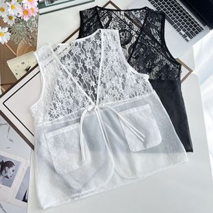 plus size women's summer new 200kg fat sister fashion Joker lace stitching vest jacket 3815