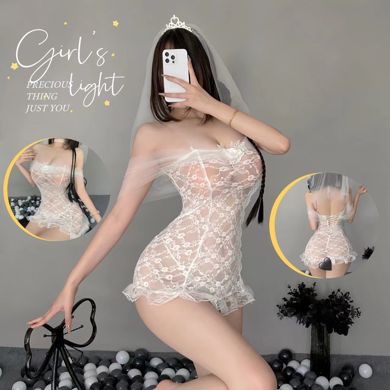 Crown Bride Wedding Dress Uniform Sexy Suspender Skirt Pure Lust Style Lace Transparent Pajamas Sexy Intimates Uniform Suit