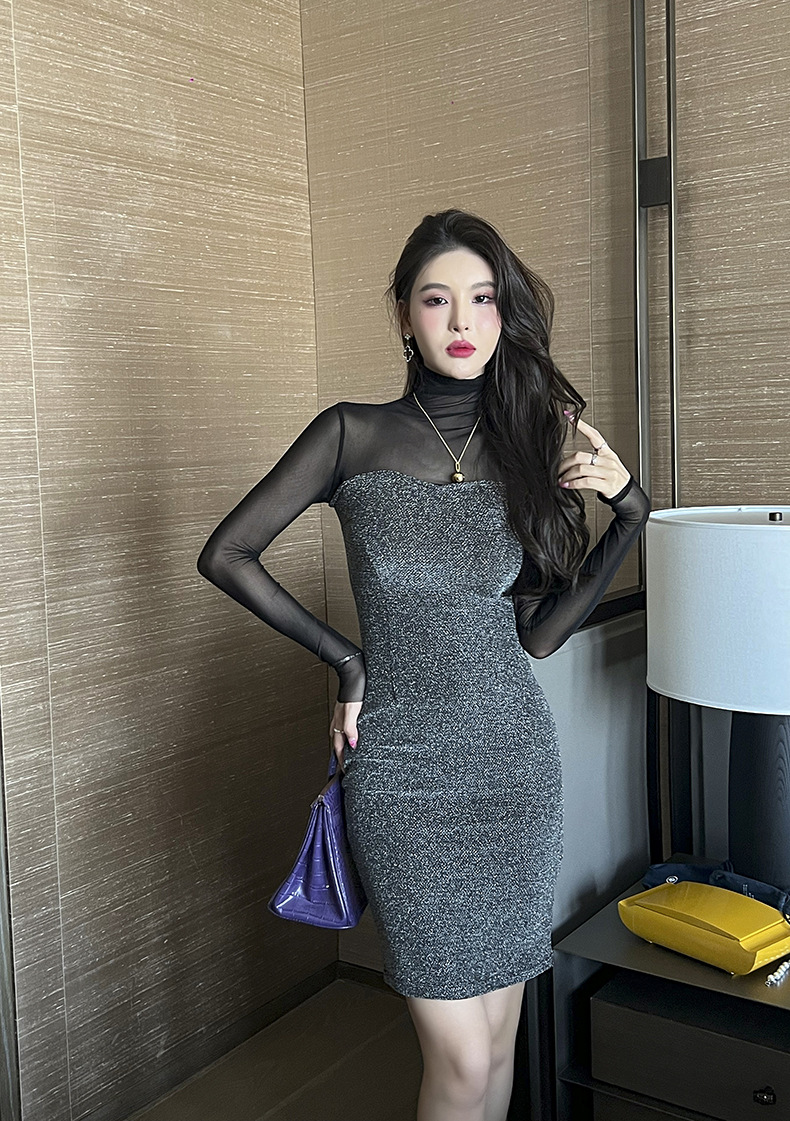 Váy liền ôm sát kiểu Pháp phối lưới gợi cảm, có chân váy trong — Màu đen chi tiết 1
