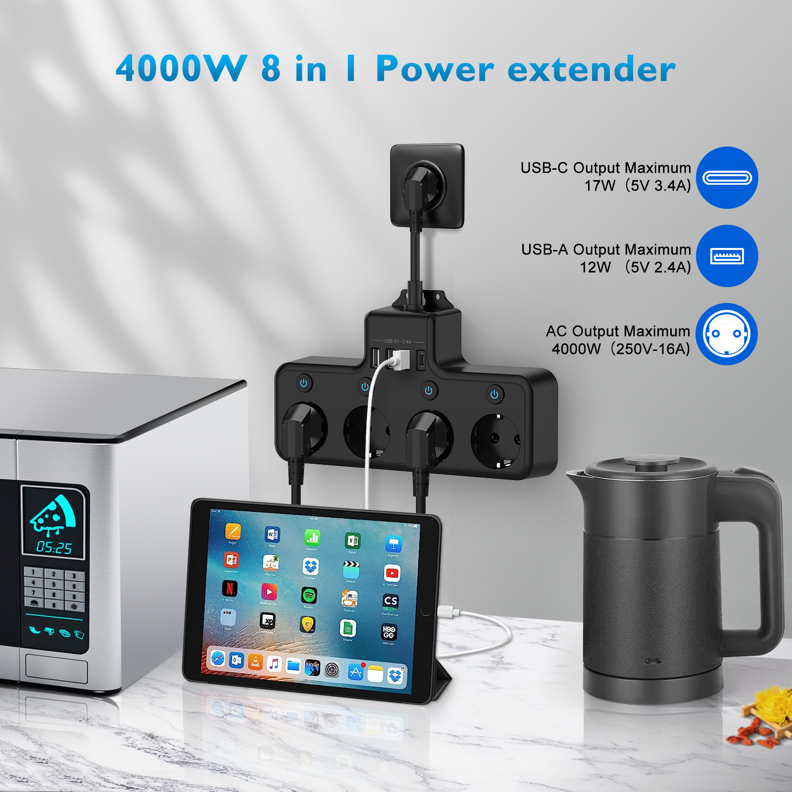 Cross-Border EU Desktop Short Line 4-Port USB Power Strip German Standard Multi-Functional Multi-Socket Outlet_voghion.com