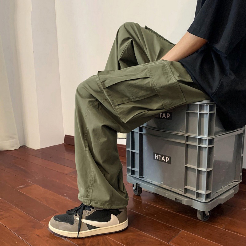 Military Green Ami Khaki Cargo Pants Men's Summer Japanese Style Oversize Pants Retro Heavy Straight Casual Pants