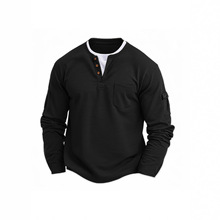 跨境男士T恤假两件双层V领秋冬款时尚拼接大码打底衫男士长袖