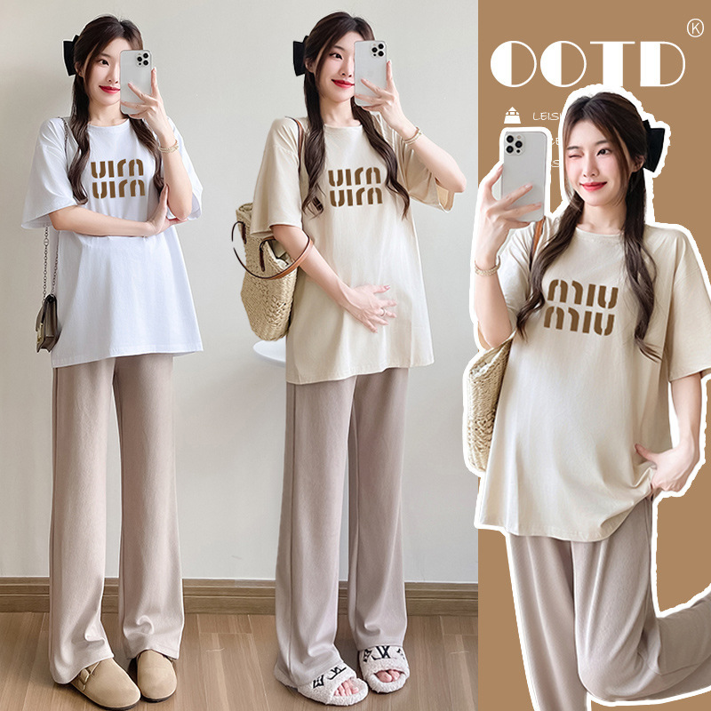 Pregnant Women's Top Summer Trendy Mom's New Fashion Loose Western Style Fashionable Korean Style plus size T-shirt Pants Two-piece Set