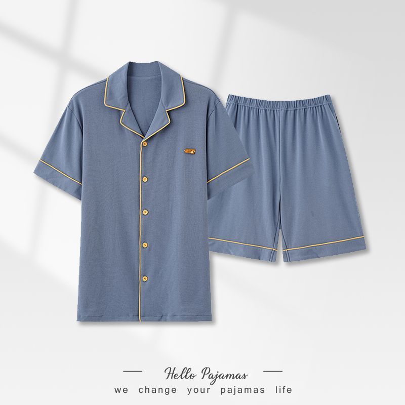 Pajamas de algodón para hombres, pantalones cortos de manga corta delgados de verano, juveniles se pueden usar con un conjunto de ropa de casa grande.