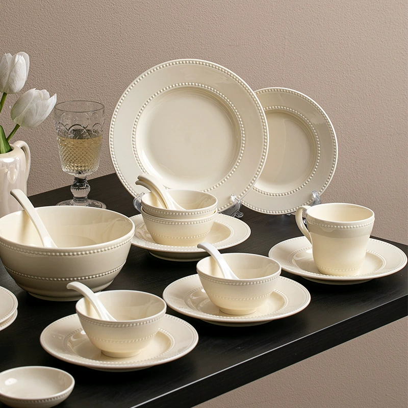 Tableware soup bowl set, bead‑edge design, assorted pieces (spoons, bowls, plates)