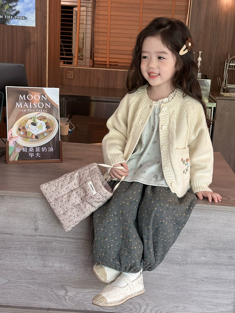 Cute autumn set, children's knitted sweater, body-friendly trousers, french style, floral print, 3 piece set