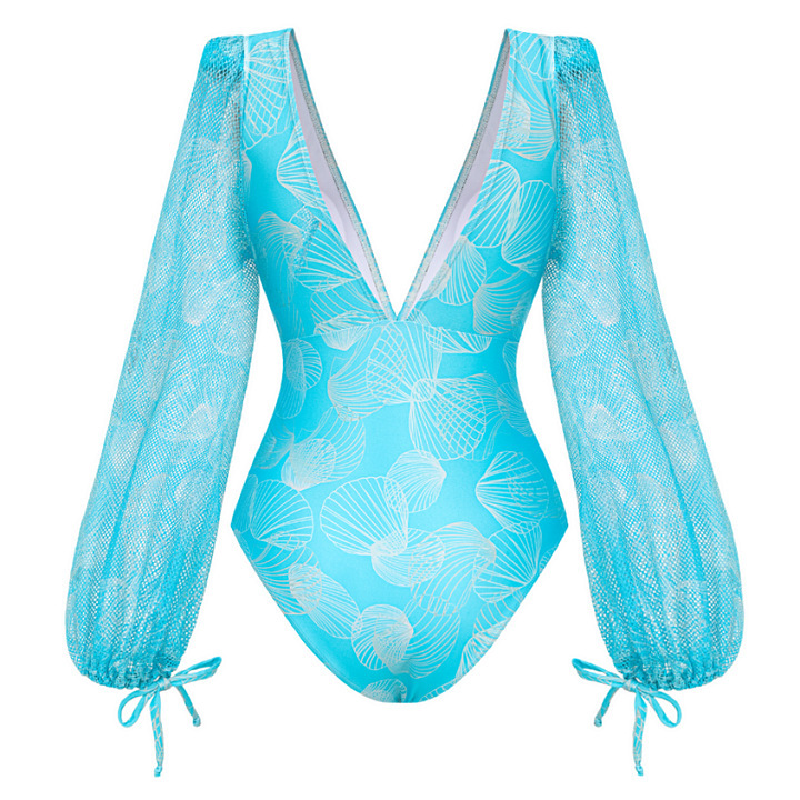 Dambadkläder v-ringad mesh långärmad glansig one piece_voghion.com