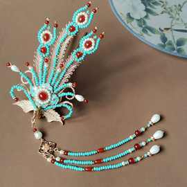 手工制作汉服头饰古装配饰高档保色铜偏凤米珠流苏凤凰古风饰品