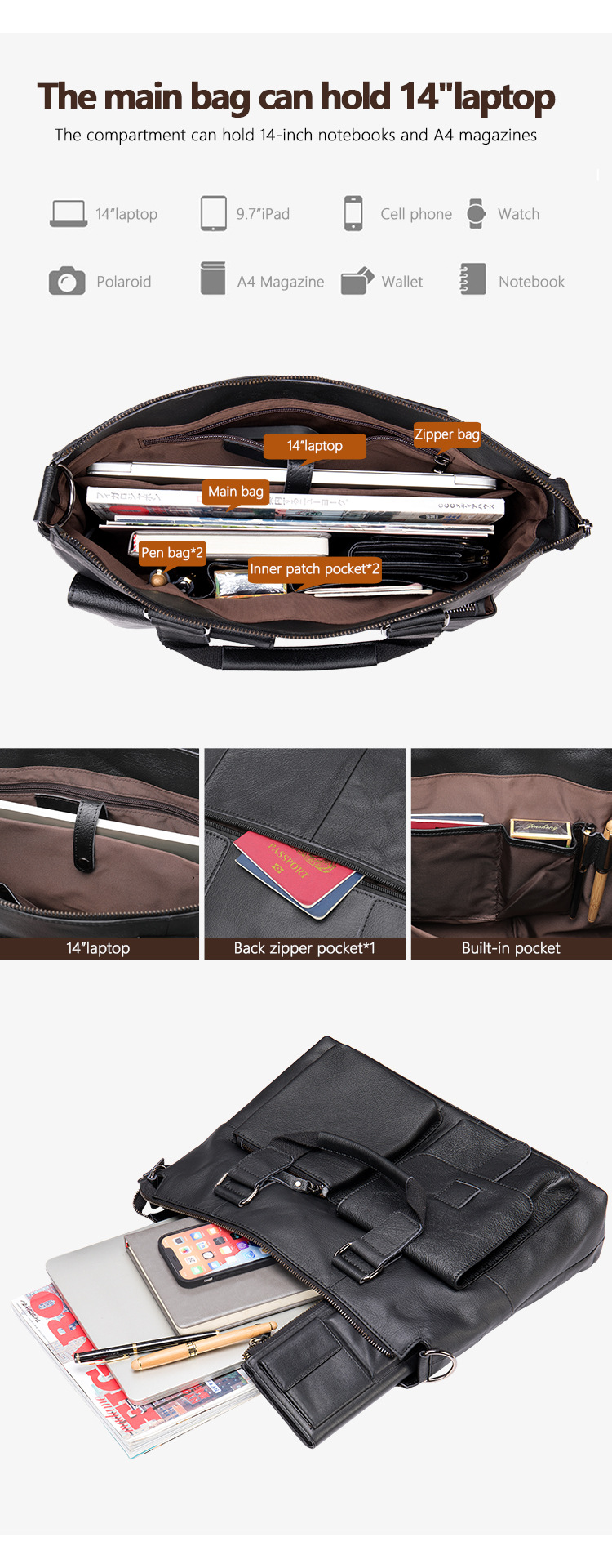 Cặp da bò thật nam cổ điển, túi xách một vai da bò lớp đầu tiên, đựng laptop 14 inch — Màu đen, Cà phê-Mờ, Màu đen (Dòng Màu Be), Màu nâu vàng chi tiết 13