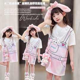 童装女童连衣裙夏季2025新款儿童可爱卡通裙子印花仿背带裙潮圆领