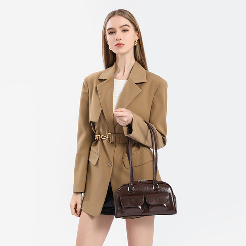 New Women's Fashion Niche Oil Waxed Leather Bowling Bag with Multiple Pockets Crossbody Bag Commute Shoulder Bag