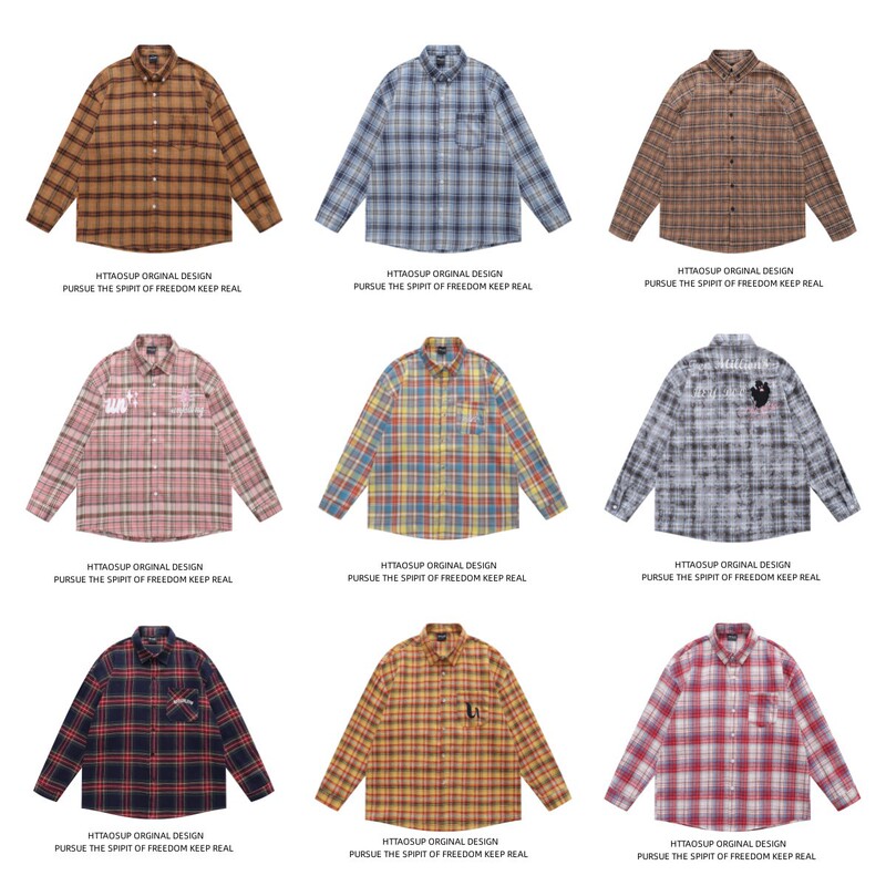 A generation of American Hip Hop Plaid Letter Long Sleeve Shirt for Men and Women Spring and Autumn New Loose Couple Casual Shirt