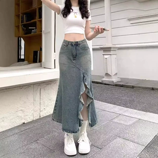 复古中长款牛仔半身裙女春夏设计感小众不规则波浪开叉高腰鱼尾裙