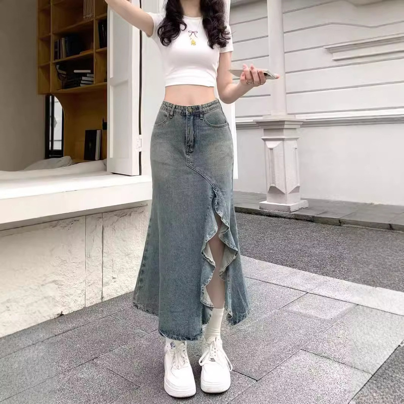 Hong Kong Style Vintage Mid-length Denim Skirt Women's Spring and Summer Irregular Wave Split High Waist Fishtail Skirt