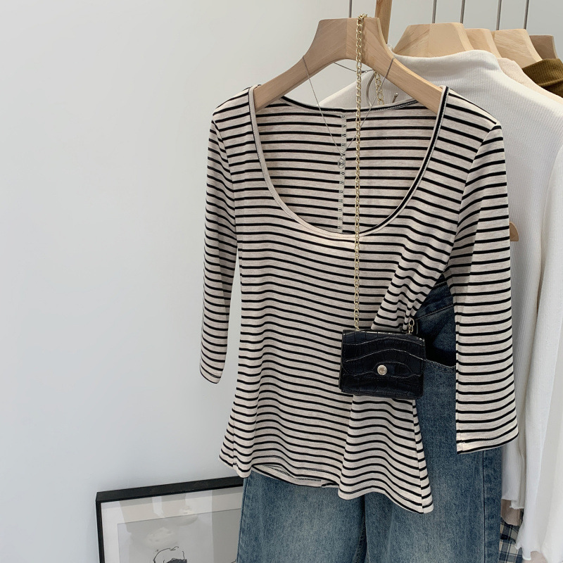 Brand In-Stock Lyocell Tencel Striped Mid-Sleeve T-Shirt for Women, Summer 2025 New Slim-Fit Slimming Seven-Quarter Sleeve Top for Women