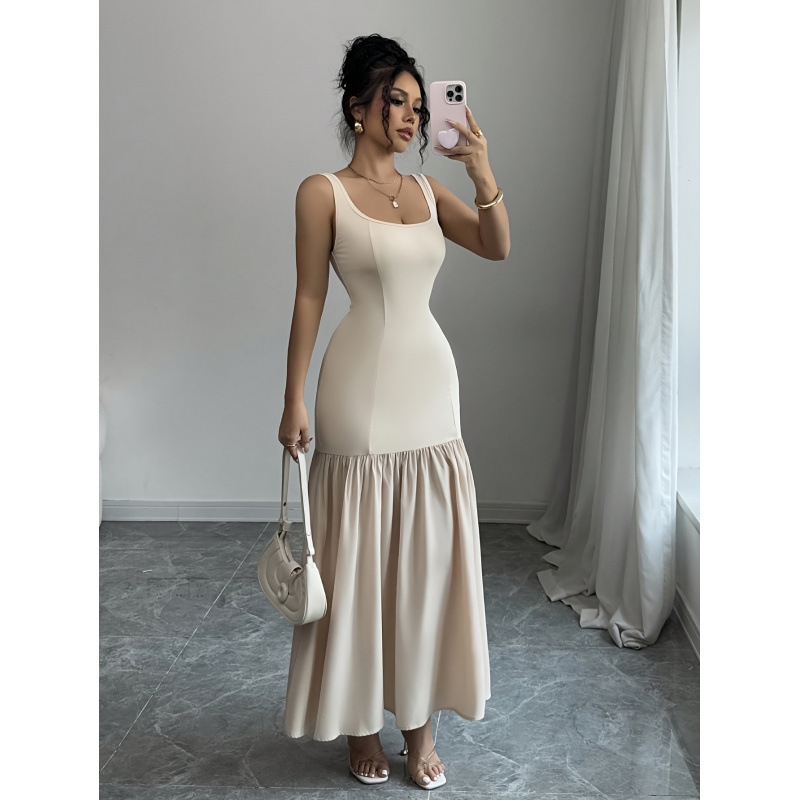 スポット外国貿易アマゾン独立ステーション夏の女性のスクエアネックノースリーブプリーツウエストスリムアプリコットステッチエレガントロングスカート|undefined