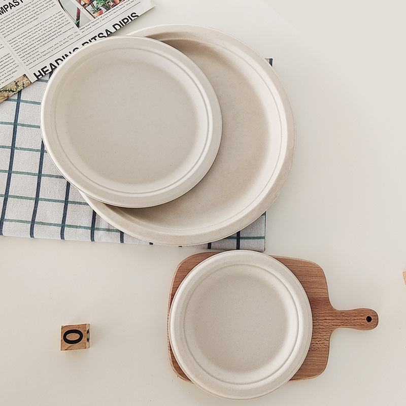 Vajilla desechable biodegradable transfronteriza: plato redondo de 7 pulgadas, plato para pastel de calidad alimentaria, plato de papel de pulpa de caña de azúcar de 9 pulgadas sin necesidad de lavado.