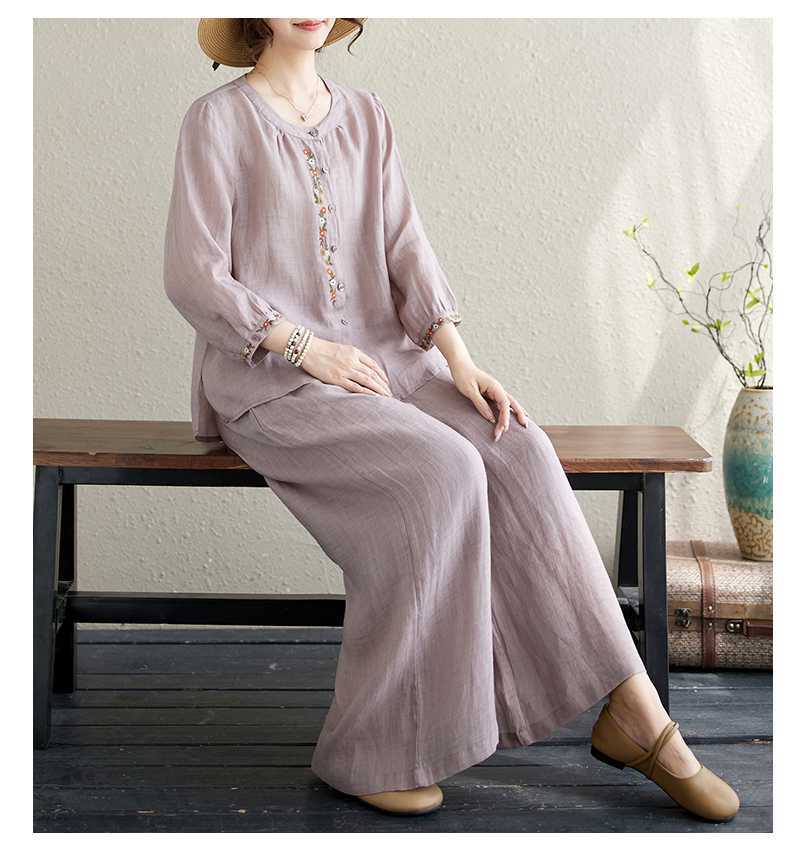 Completo donna camicia ricamata e pantaloncini stile cinese_voghion.com