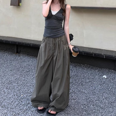 ファッショナブルなルーズなワイドレッグカジュアルパンツ女性の夏のルーズワイドレッグパンツレースアップパンツ2025デザイン
