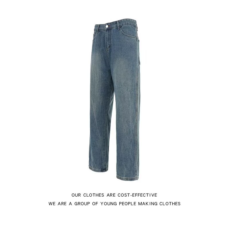 Unisex Vintage Workwear Jeans – Distressed Denim With Utility Pockets (S-XXXL, Classic Blue Wash)_mkmklike.com