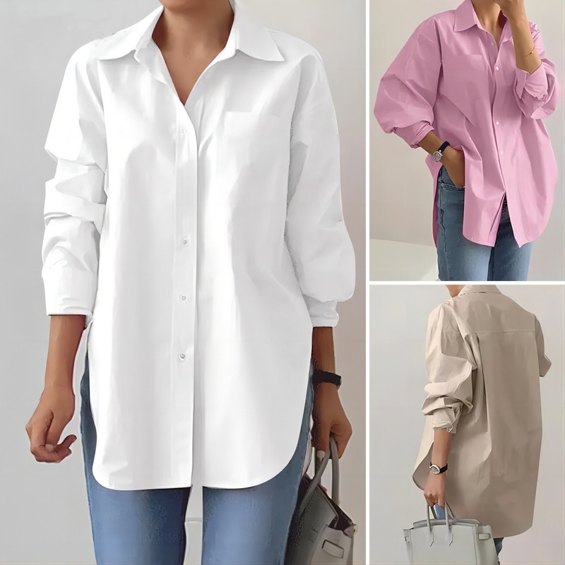 Elegant Lapel Long Sleeve Shirt 2026 Fashion Women's Spring and Autumn Solid Color Split Hem Oversized Ol Work Shirt