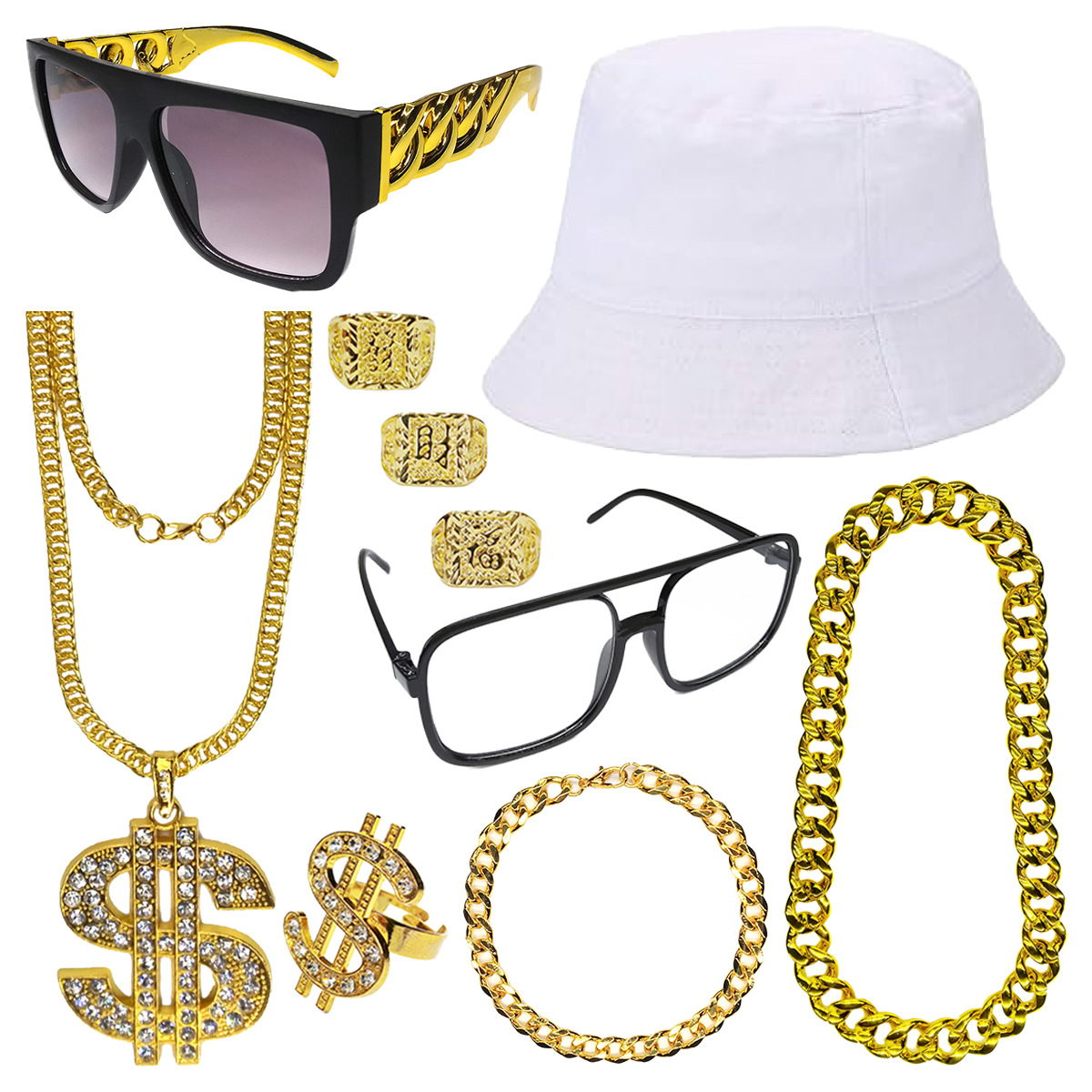 Hip-Hop collar de oro pulsera negro pescador sombrero explosivo gafas marco anillo de dólar vestido de baile conjunto