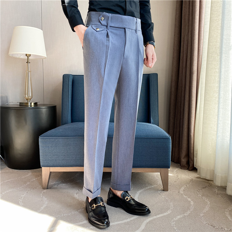 Pantalones de traje de los hombres naples italianos pantalones de cintura alta pantalones de los hombres de otoño e invierno teñido de hilo oscuro a rayas de calidad pantalones casuales